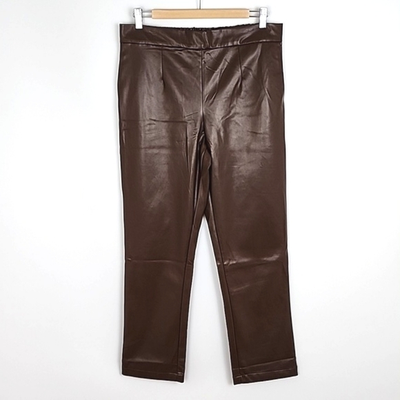 Dkny Pants - DNKY Jeans Women's Brown Faux Leather Pants Straight Leg Pockets Size Medium